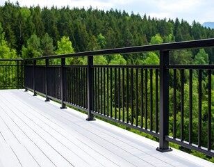 Modern deck with black railing overlooking forest