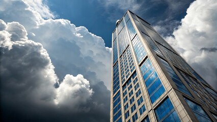Fototapeta premium Modern glass skyscraper reaching towards a dramatic sky filled with fluffy white and dark storm clouds
