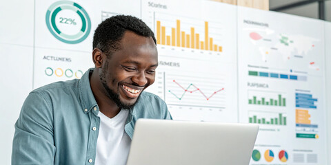 A Happy African Man with a Laptop Surrounded by Infographics for Data Visualization
