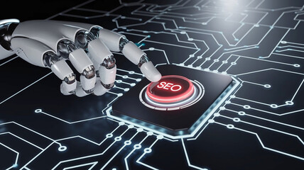 Futuristic Robotic Hand Pressing SEO Button on Digital Interface  AI-Powered Search Optimization Concept