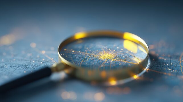 Magnifying glass analyzing a glowing digital data network, a concept for research, big data, and discovery