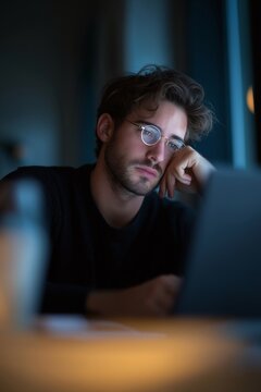 Young man with glasses looking tired while working late on a laptop in dark room, feeling exhausted from work.