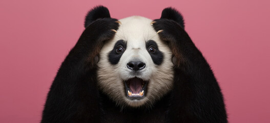 International Panda Day. Surprised panda with paws on head, wide eyes, pink background. Funny animal portrait, shocked face. Banner with copy space, humor, stress, emotions, mental health awareness