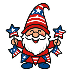 Illustration of a patriotic gnome wearing an american flag hat and holding star wands and banners