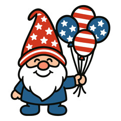 Illustration of a patriotic gnome holding balloons with stars and stripes design theme