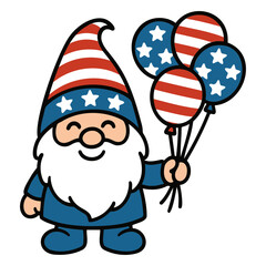 Illustration of a patriotic gnome holding balloons with stars and stripes design elements