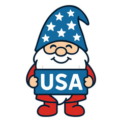 Patriotic gnome wearing a usa themed hat and holding a sign with usa written on it smiling