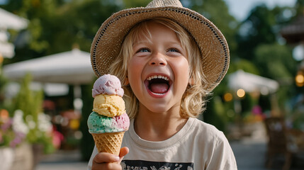cheerful kid in straw hat eating ice cream on summer street