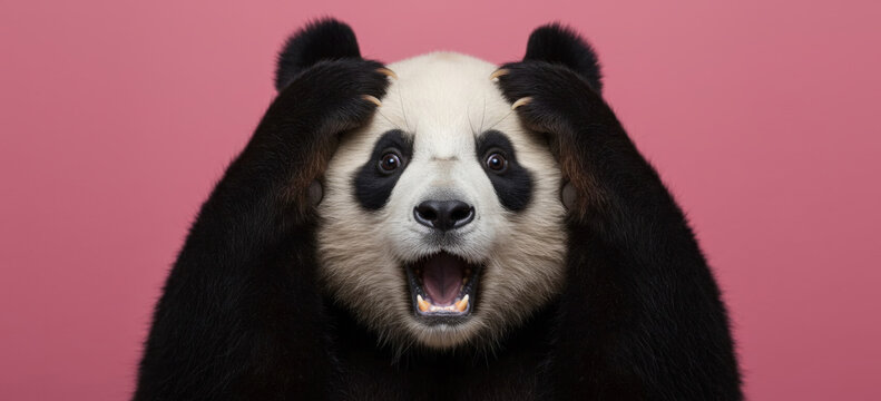 International Panda Day. Surprised panda with paws on head, wide eyes, pink background. Funny animal portrait, shocked face. Banner with copy space, humor, stress, emotions, mental health awareness