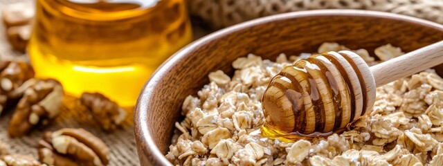 Bowl with oatmeal , walnuts and honey on blurred background. Delicious vegetarian meal with protein and fiber. Natural kitchen texture, clean and fresh. banner 
