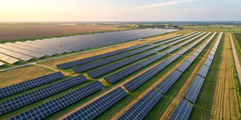 An Aerial View of a Solar Panel Farm Representing a Renewable Energy Concept for Eco-Friendly Power