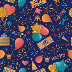 Bright seamless pattern with balloons, hearts and gift boxes on a dark blue background. Perfect for holiday invitations, wallpapers and greeting cards. Joyful holiday design.