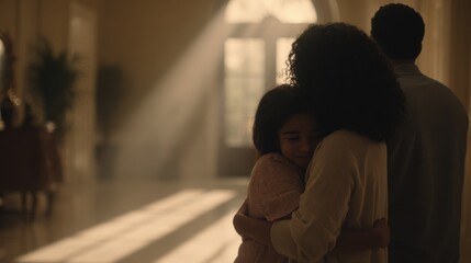 Hopeful family embracing in the sunlit hallway of their new, empty home