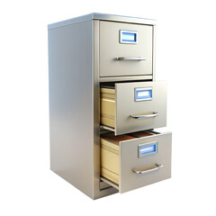 A beige metal filing cabinet with open drawers sits on a white background, isolated on transparent background