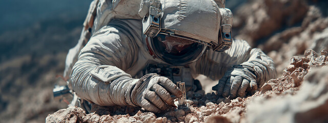  astronaut in white space suit installing  scientific  device on rocky surface. Futuristic equipment aids research and astrogeology. banner 