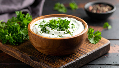 Bowl of yogurt with herbs. Organic food on wood board. Cooking and culinary concept.