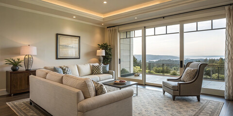 A Cozy Stylish Home Living Room Interior with a Couch and Armchair for Relaxation