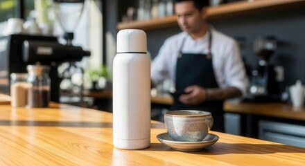 Coffee Shop Scene: Drinkware, Barista, Warm Atmosphere