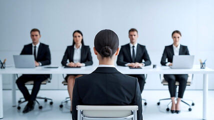 A female job applicant facing an interview panel of four professionals in a modern corporate Office. job interview, female applicant, interview panel, hiring process, recruitment, formal interview

