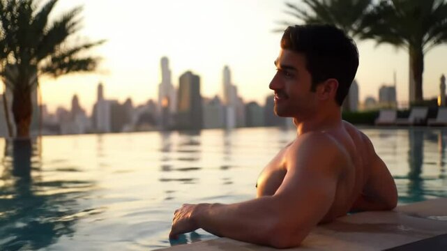Young handsome man leaning on the edge of an infinity pool at sunset, enjoying the luxurious view of modern skyscrapers in the background
