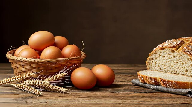 Basket with brown eggs and wheat heads next to sliced bread on wood table, baking recipe elements footage.