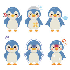 Obraz premium 様々な状態の青いペンギンのキャラクターイラストセット