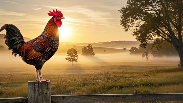 Rooster standing on a wooden post at sunrise in a foggy farm field. Rural morning landscape with golden light, video.