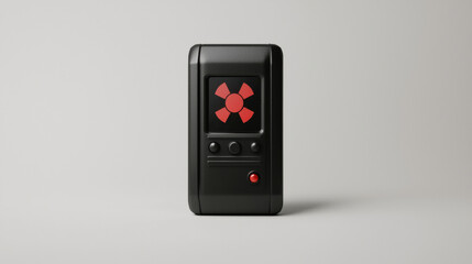 sleek black handheld device displaying a red radioactive hazard symbol on its screen against a plain light background.