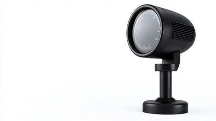 sleek, black modern security camera with a circular lens and adjustable stand, positioned against a white background.