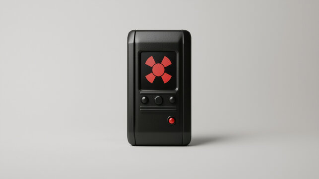 sleek black handheld device displaying a red radioactive hazard symbol on its screen against a plain light background.