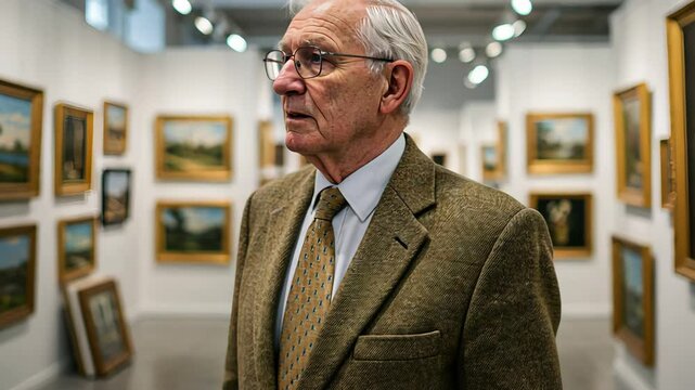 Senior man in glasses enjoying an art gallery exhibition. Elderly gentleman observing classic paintings in a museum. Footage.