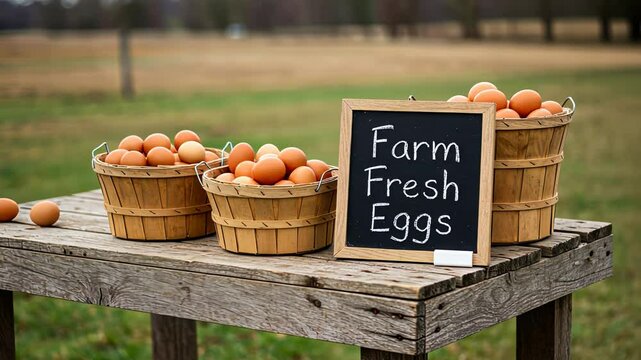 Three baskets filled with brown eggs and a blackboard sign reading Farm Fresh Eggs outdoors at a market.