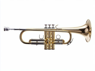 Obraz premium shiny, brass trumpet with three valves, displayed horizontally on a white background.