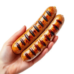 Sausage being held, isolated on a white background, with an inviting and personal touch. PNG