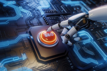 Futuristic Robotic Hand Pressing SEO Button on Digital Interface  AI-Powered Search Optimization Concept