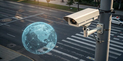 A Surveillance Street Camera with a Planet Hologram Representing Security and Technology