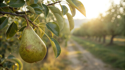 Ripe Pears Growing On Tree In Orchard At Sunset