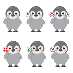○×△の札を持った赤ちゃんペンギンのキャラクターイラストセット