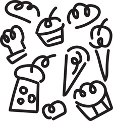 Hand-drawn doodle set of various sweet treats including cupcakes