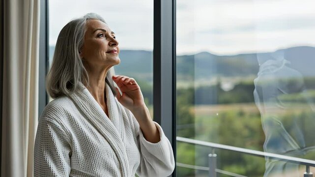 Middle aged smiling woman admiring peaceful mountain view from modern apartment window wearing bathrobe, footage.