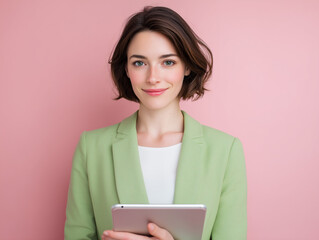 Young Professional Woman Smiling and Holding Tablet on Pink Background