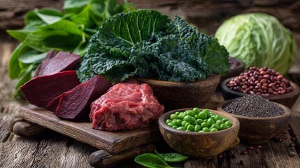 Colorful top view display of ten iron-rich foods including leafy greens and red meat on rustic wooden table, promoting natural nutrition and healthy eating for iron intake balance

