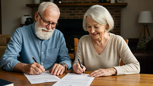 An senior man and woman happily signing papers together at home, financial agreement and secure retirement life footage.