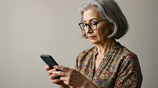 Mature caucasian woman in prescription glasses using a smartphone. Older lady browsing internet or texting on phone.