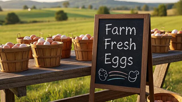 Baskets of farm fresh eggs sit on a wooden table with a "Farm Fresh Eggs" sign in a rural field, footage.