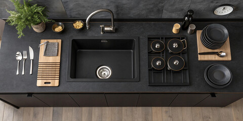 A Top View of a Black Kitchen Interior Featuring a Sink and Counter for Modern Cooking