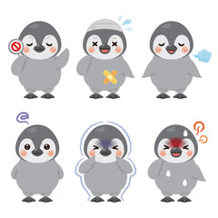 様々な状態の赤ちゃんペンギンのキャラクターイラストセット