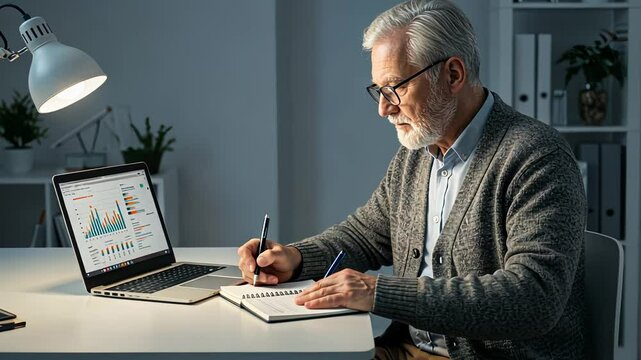 An elderly man working at night on laptop, writing data. Senior businessman analyzing financial statistics for business success footage.