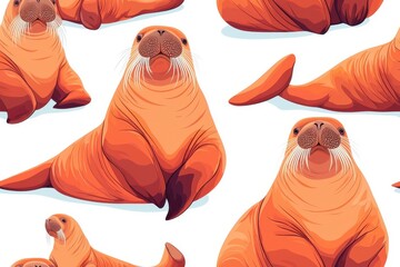 Flat style seamless pattern of walruses, isolate on white background.