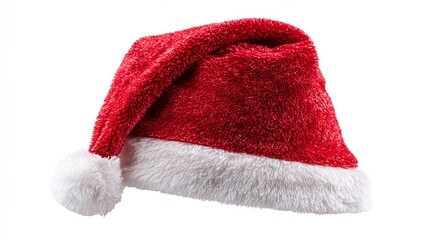 Vibrant red Santa Claus hat with fluffy white pompom isolated on clean white background, showcasing festive Christmas spirit and holiday celebration accessory

